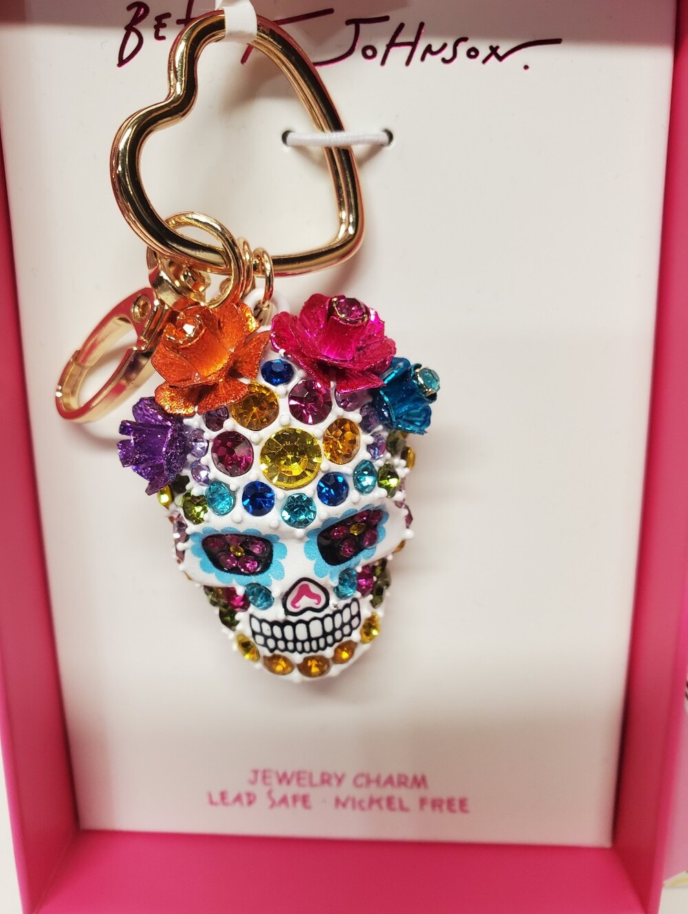 Betsey Johnson Sugar Skull Jeweled Charm Keychain/ Bag Charm Day of the Dead